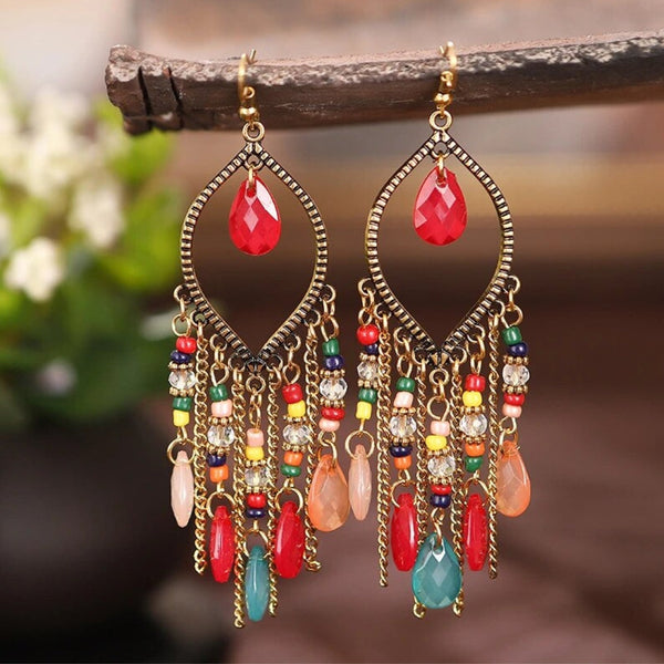 Boucles d'oreilles pendantes Mandala bohème zircone rouge