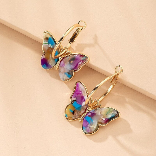 Boucles d'oreilles créoles papillon multicolores dorées