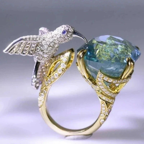 Bague Colibri ajustable couleur aigue-marine – Plaqué or 14K