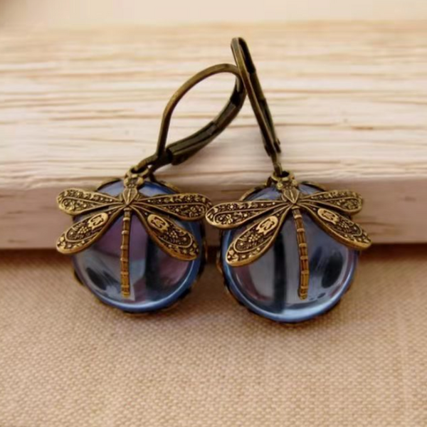 Boucles d'oreilles libellule en cristal vintage, plaqué or antique