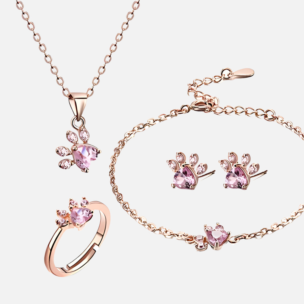 Parure Patte Or Rose – 4 Pièces avec Cœur en Zirconium (Bague, Collier, Boucles d'Oreilles, Bracelet)
