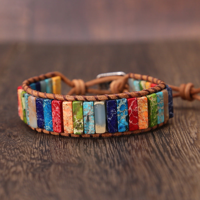 Bracelet en cuir à enrouler Jaspe Arc-en-ciel