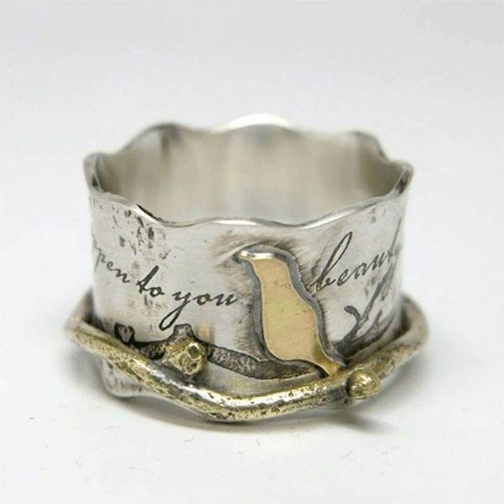 Bague Vintage Or Oiseau Argenté