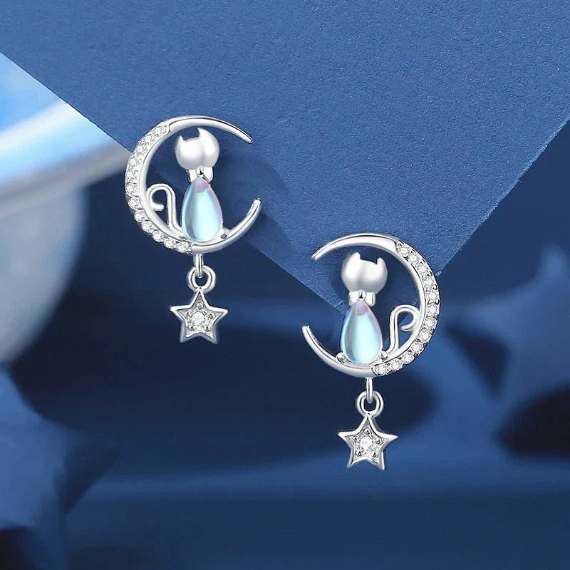 Boucles d'oreilles chat lune et étoile en argent sterling 925 avec zircon