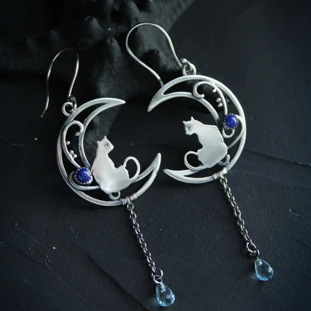 Boucles d'oreilles bohèmes chat en zircon bleu en argent sterling