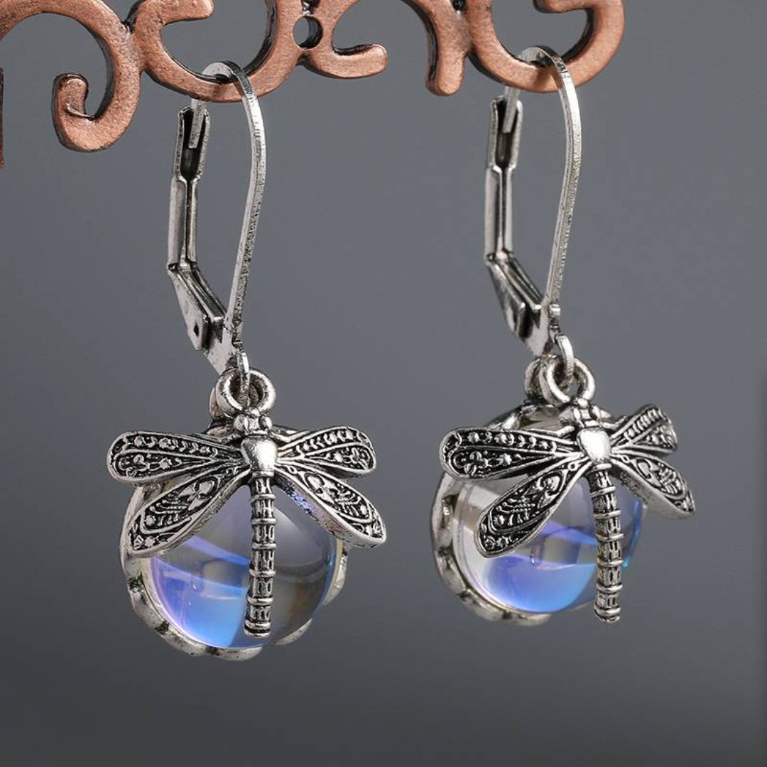 Boucles d'oreilles libellule sphériques en argent antique