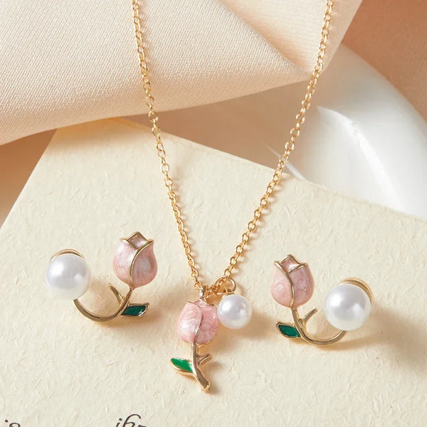 Parure collier et boucles d'oreilles Jardin de tulipes roses