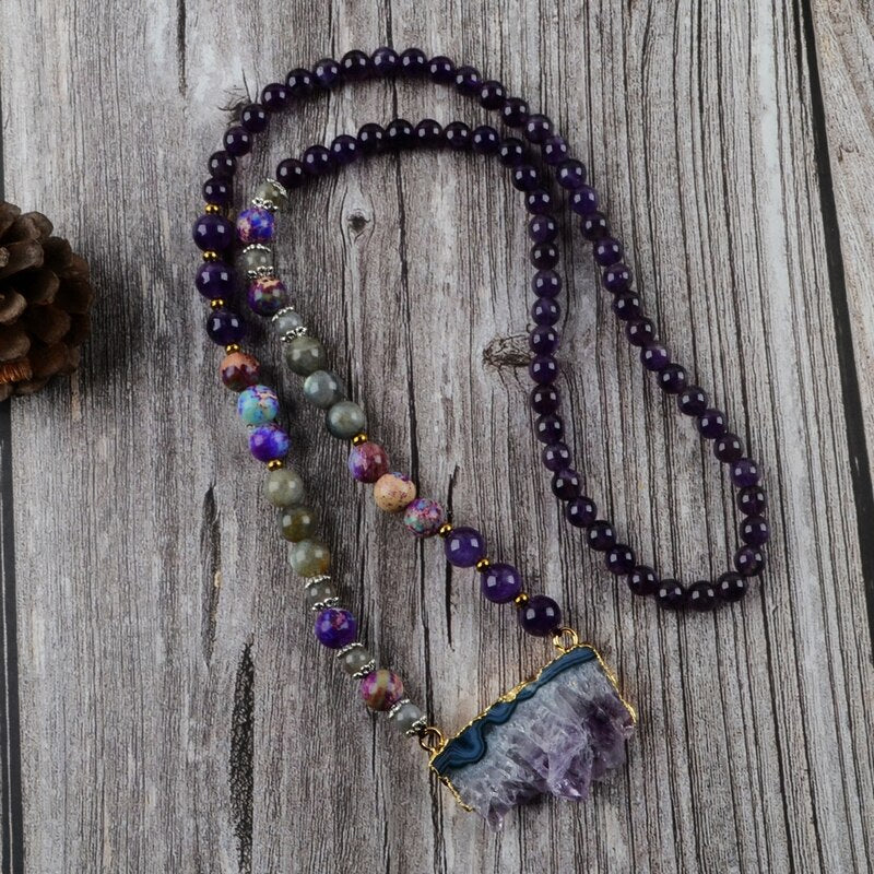 Collier Druzy perlé en Améthyste, Jaspe et Labradorite