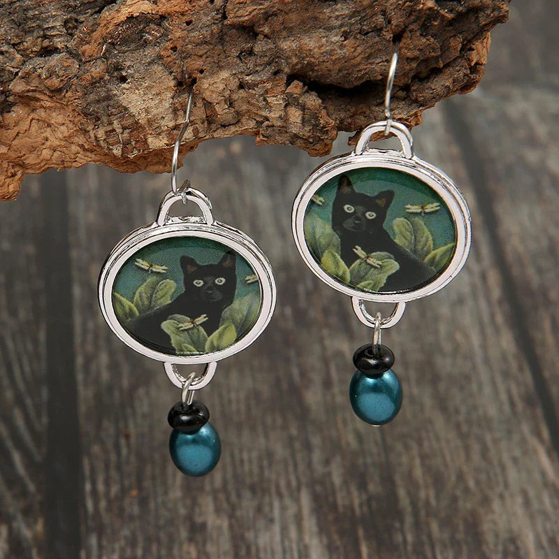 Boucles d'oreilles vintage chat argentées