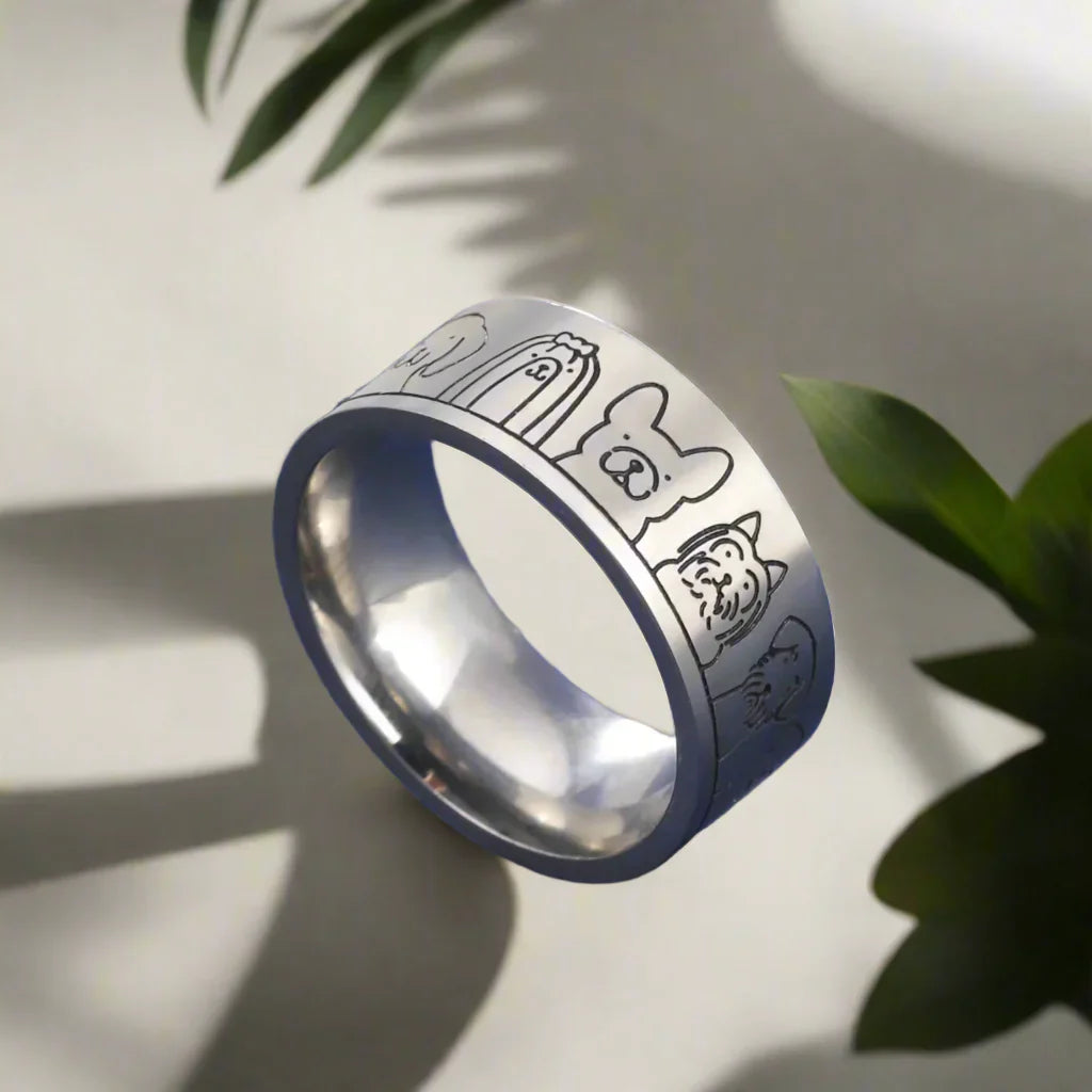Bague large en acier inoxydable pour chien - Motif gravé pour femme