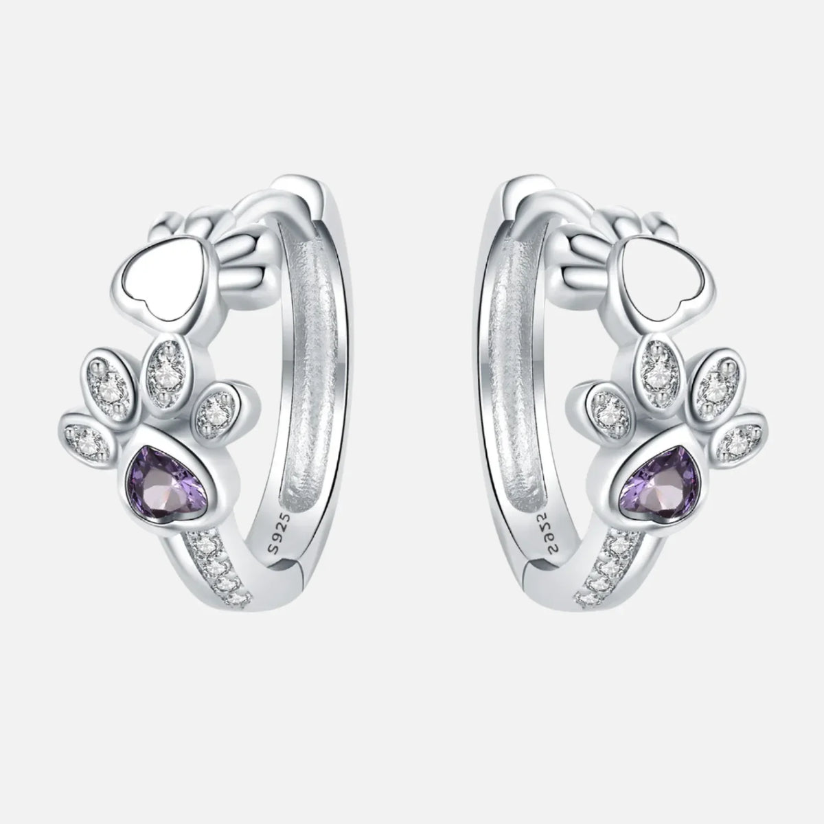 Boucles d'oreilles créoles Patte de chat en argent sterling 925 – Avec zircone et pierre en cœur