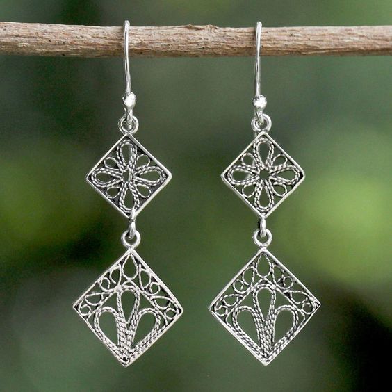 Boucles d'oreilles pendantes mandala vintage en argent