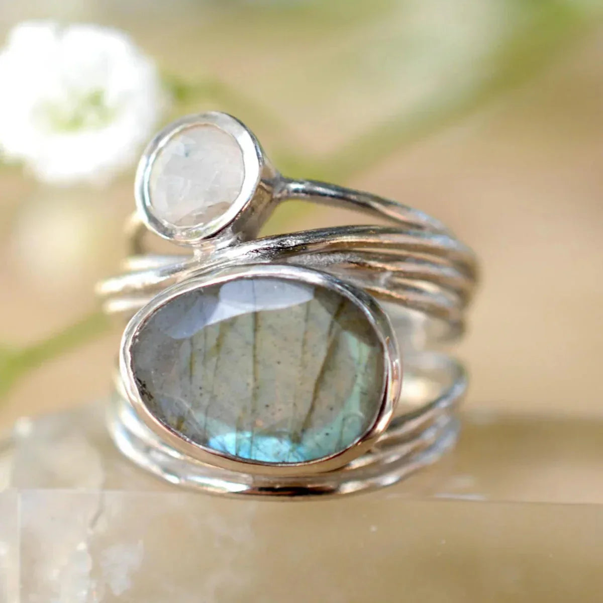 Bague vintage labradorite et pierre de lune