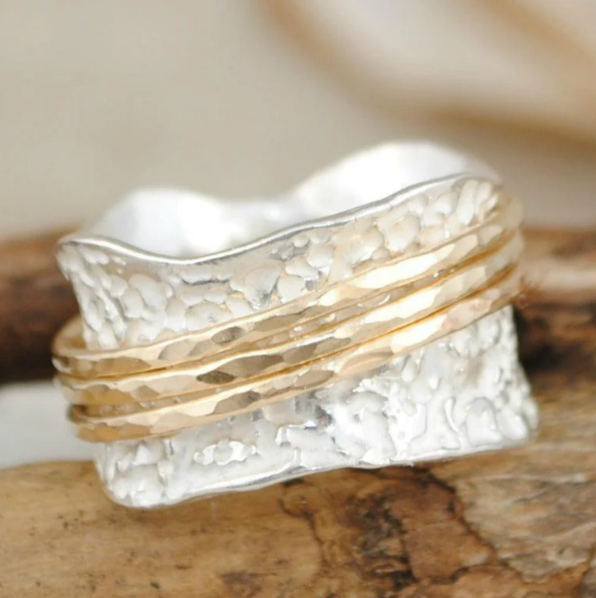 Bague Vintage Spinner en Or et Argent Mince
