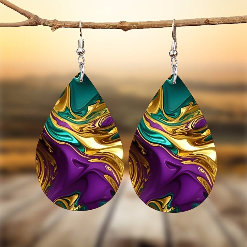 Boucles d'oreilles pendantes vintage or, violet et vert