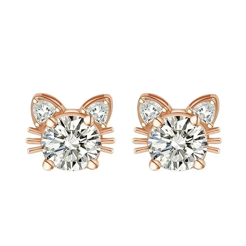 Boucles d'oreilles clous chat en moissanite or rose, en argent sterling 925