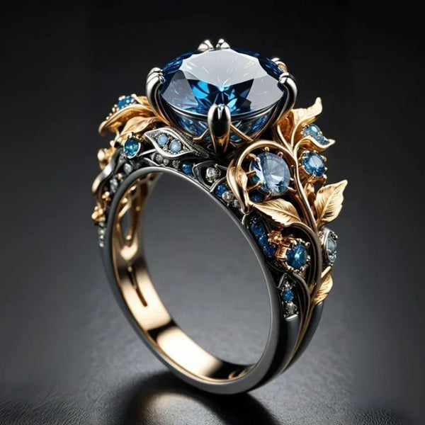 Bague exotique avec fleur en cristal bleu