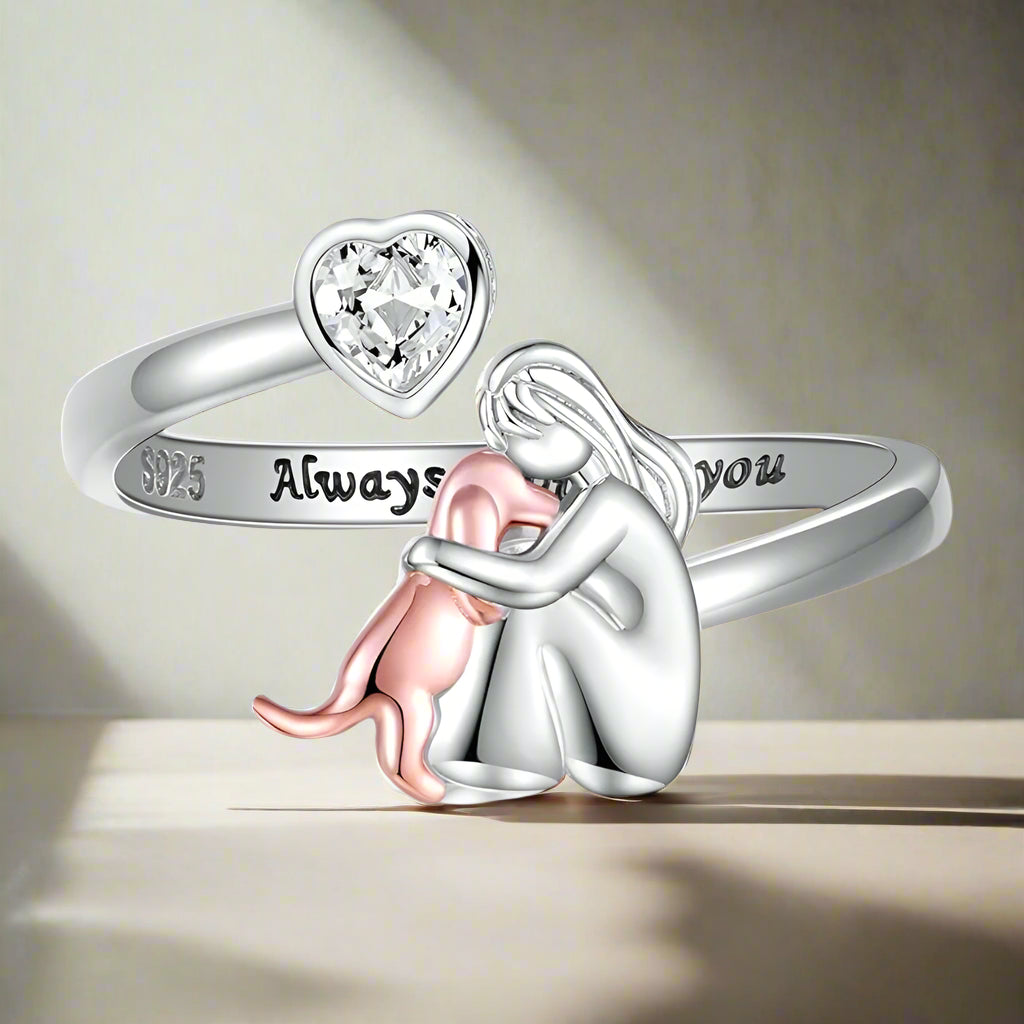 Bague ajustable pour chien en argent sterling 925 – « Toujours dans mon cœur » avec zircone